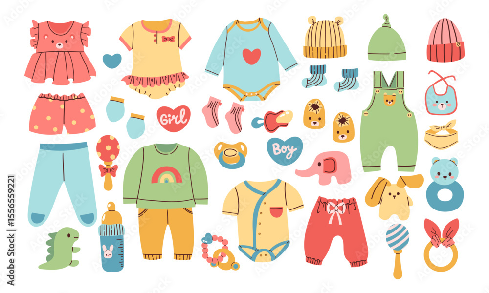Obraz premium Newborn baby items set with cartoon elements in flat design. Bundle of kid toys, bodysuit, teddy bear, pacifier, rattle, diaper, booties and other decoration isolated stickers.