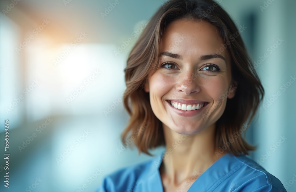 Smiling woman healthcare professional. Portrait cheerful nurse in light blue uniform, looking at the camera. Happy, confident female, friendly face with brown hair, soft skin. Indoor close-up shot. Smiling woman healthcare professional. Portrait cheerful nurse in light blue uniform, looking at the camera. Happy, confident female, friendly face with brown hair, soft skin. Indoor close-up shot.