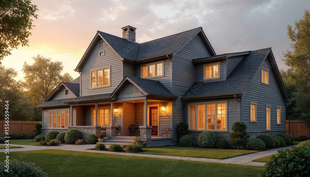 Exterior of house with horizontal lap siding under warm afternoon sun. Classic residential home beautiful wooden facades, windows, doors. Real estate concept, property, comfortable dwelling, bungalow. Exterior of house with horizontal lap siding under warm afternoon sun. Classic residential home beautiful wooden facades, windows, doors. Real estate concept, property, comfortable dwelling, bungalow.