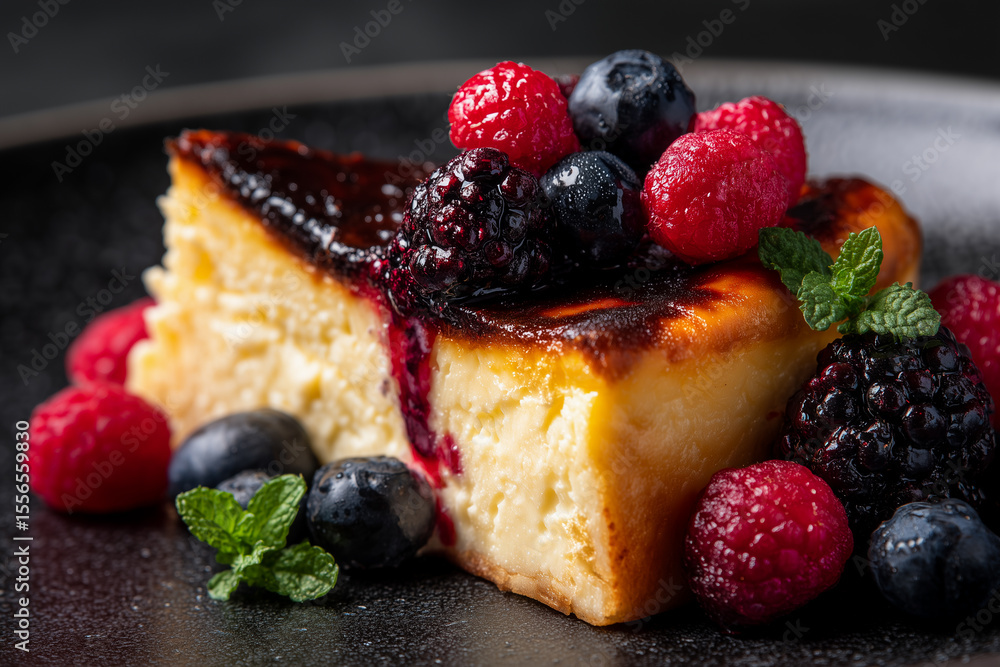 Obraz premium Piece of San Sebastian Basque Cheesecake with berries 