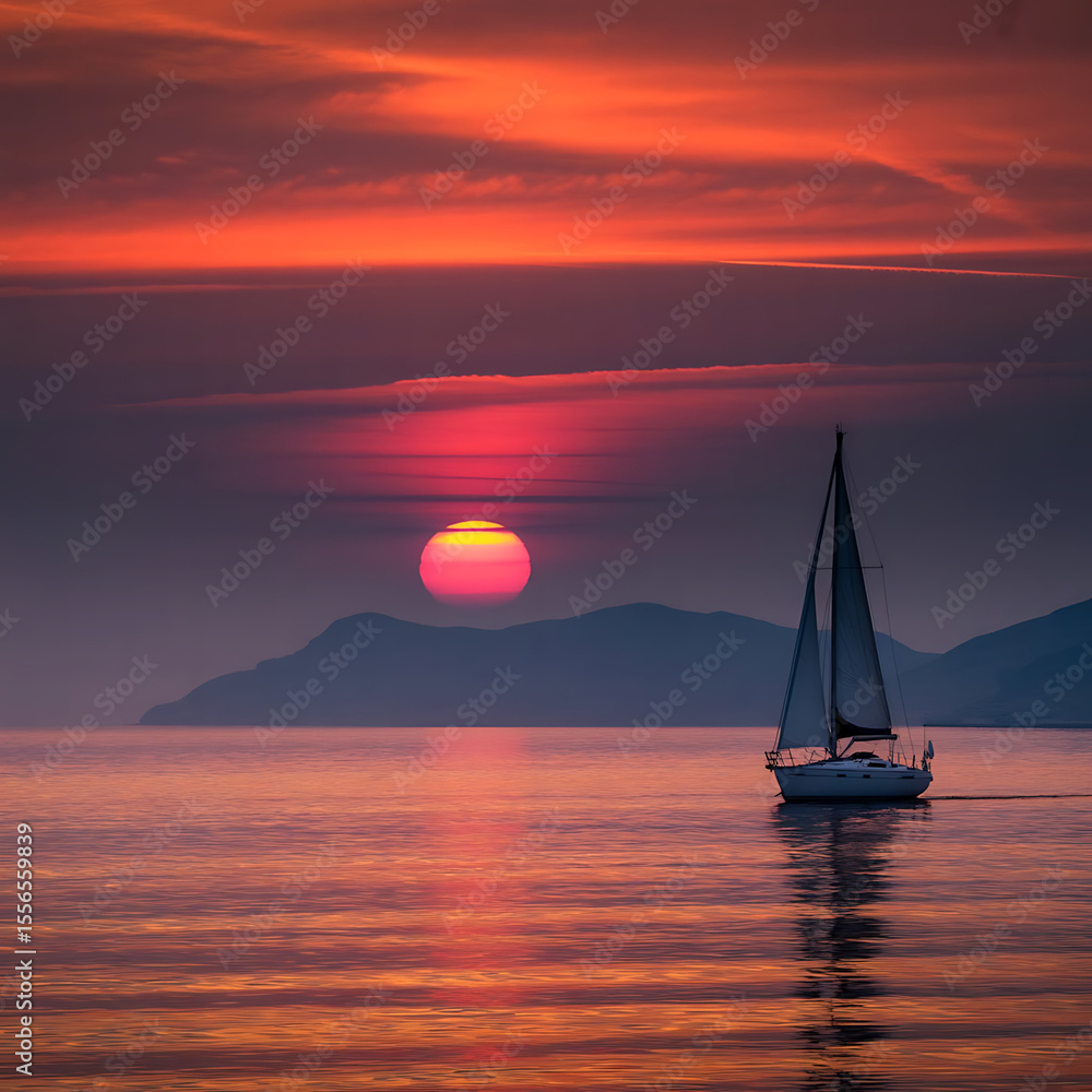 Naklejka premium Sailboat sails across the ocean during a vibrant sunset, painting the sky with color.