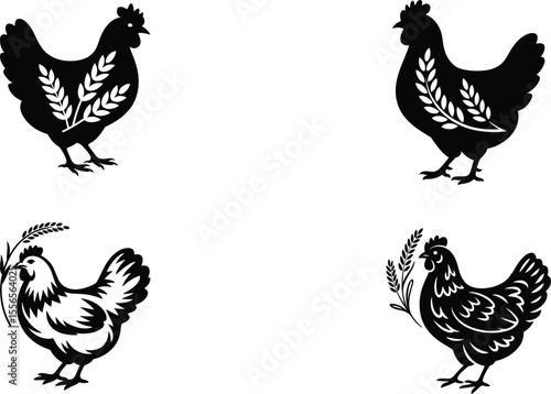 Set of Chicken vector illustrations farm animal poultry design graphic silhouette black and white art print