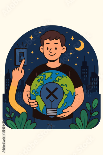 Earth Hour concept illustration. Man holds Earth lightbulb. Hand turns off switch. Save energy, protect planet. Global movement for electricity conservation, climate change, sustainability.
