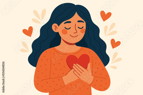 Self love and self respect concept. Woman holding heart symbol to chest. Positive emotions, inner harmony, kindness, self care, self help, mental health, volunteer, empathy, emotional wellness