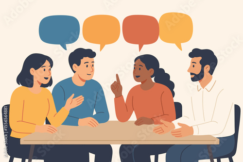 Diverse group discussion at meeting table. Team brainstorming, exchanging ideas, sharing opinions, collaboration, teamwork, communication, business conversation with speech bubbles illustration.