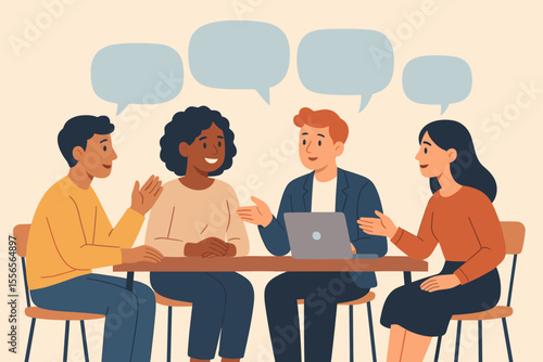 Diverse team meeting discussion illustration. Group brainstorming ideas, exchanging opinions, business collaboration, teamwork, communication, speech bubbles, office conference, work strategy concept