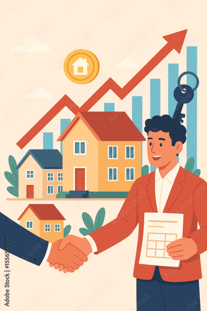 Real estate market growth concept. Agent broker and client handshake for successful property deal. Home buying, selling, and investment illustration. Rising house value and mortgage. Real estate market growth concept. Agent broker and client handshake for successful property deal. Home buying, selling, and investment illustration. Rising house value and mortgage.
