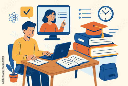 Distance Learning and Online Education Concept. Student Studying at Home with Laptop, Books, Online Courses, Virtual Classroom, Exam Preparation, E-Learning, Digital Textbooks, Modern Flat Vector