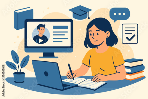 Distance learning online education concept. Student studying at home with laptop, virtual classroom, online courses, exam preparation, digital textbooks, homeschooling, e-learning illustration