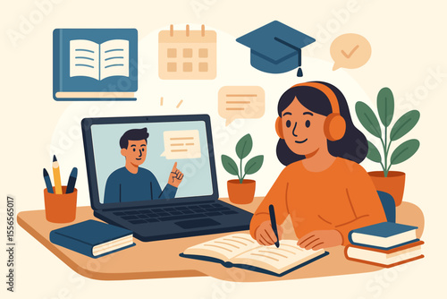 Distance learning education concept. Online courses, remote classes, e-learning, virtual classroom, home schooling, exam preparation, digital textbooks, study desk, student writing, modern flat vector