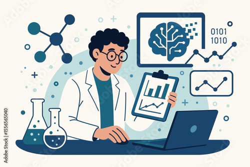 Scientist in laboratory analyzing statistical data. Man in lab coat holds chart. Research, science, technology concept with AI brain, molecule, laptop. Neuroscience and chemistry.