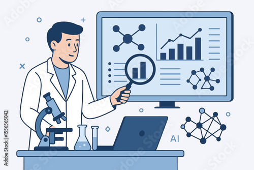 Scientist in lab analyzing statistical data on a computer screen with a magnifying glass. Concept of medical research, AI, modern technology, biology, chemistry and discovery.