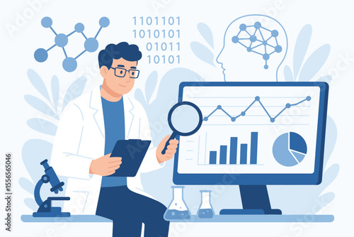 Scientist analyzing statistical data on a computer. Science research in laboratory concept. Man with magnifying glass studies charts and graphs. Medical technology, biology, chemistry vector.