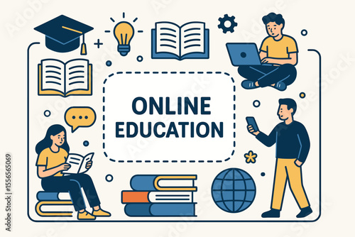 Online Education Concept Illustration. Young People Learning with Books, Laptop, Smartphone. Distance Learning, E-Learning, Digital Knowledge, Study Tools, Academic Training, Modern Education Frame