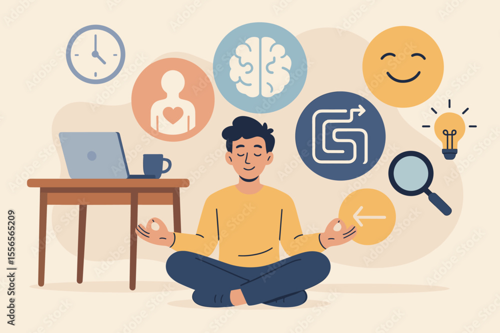 Meditation concept with a man in lotus pose during a work break. Mindfulness practice for mental health, stress relief, and emotional wellbeing. Focus, thought process, and idea search. Meditation concept with a man in lotus pose during a work break. Mindfulness practice for mental health, stress relief, and emotional wellbeing. Focus, thought process, and idea search.