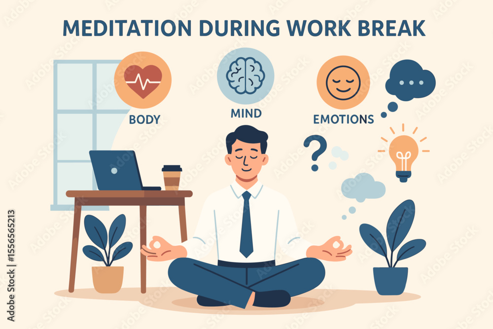 Meditation during work break concept with businessman in lotus pose. Vector illustration of health benefits for body, mind, and emotions. Mindfulness for stress relief and mental health. Meditation during work break concept with businessman in lotus pose. Vector illustration of health benefits for body, mind, and emotions. Mindfulness for stress relief and mental health.
