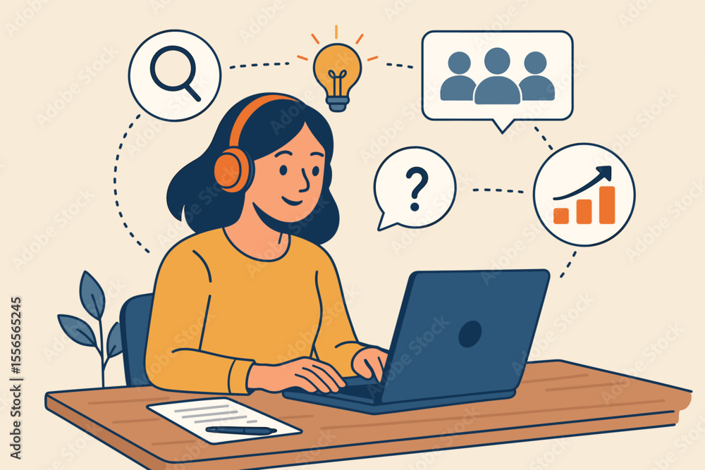 Remote Work Online Assistant Collaboration Concept. Virtual Manager at Laptop with Headset. Teamwork, Idea Generation, Network Promotion, Problem Solving, Search for Solutions, Business Growth Remote Work Online Assistant Collaboration Concept. Virtual Manager at Laptop with Headset. Teamwork, Idea Generation, Network Promotion, Problem Solving, Search for Solutions, Business Growth