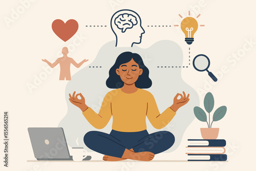 Mindfulness meditation concept with a woman practicing yoga at her desk. Health benefits for the body, mind, and emotions. Vector of stress relief, mental clarity, idea search, and well-being.