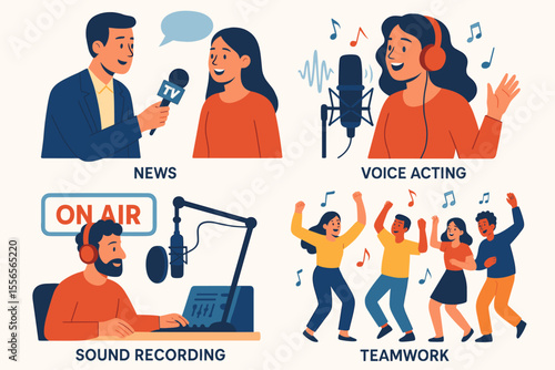 Vector illustration set of news interviews, voice acting, radio sound recording, teamwork, group people dancing, music, broadcasting, media communication, audio production, entertainment concept