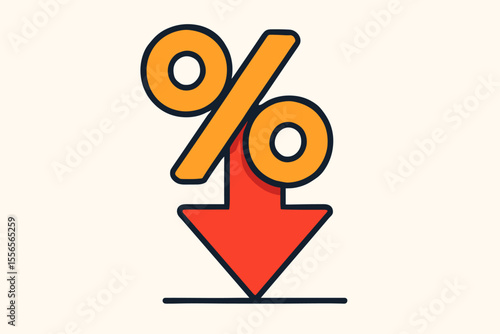 Percentage down vector icon. Concept of interest rate reduction, discount, sale, or price drop. Financial crisis, recession, or economic decline symbol. Modern flat illustration.