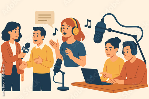 Modern broadcast media teamwork vector illustration. News interview, podcast recording, radio show, music performance, voice acting, sound engineering, communication, collaboration, studio equipment