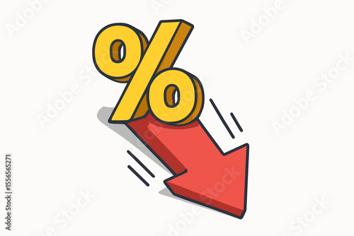 Financial crisis and economy recession concept. Percentage symbol with down arrow. Interest rate reduction, stock market crash, discount and sale price drop vector cartoon illustration.