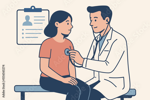 Doctor using a stethoscope to examine a female patient. Medical checkup concept. Physician listening to heart and lungs for diagnosis in a clinic. Healthcare and medicine vector.