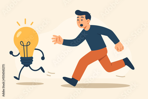 Business person chasing a running light bulb, symbolizing pursuit of innovative ideas, elusive solutions, and creative inspiration. Unattainable thought in modern flat vector cartoon illustration.