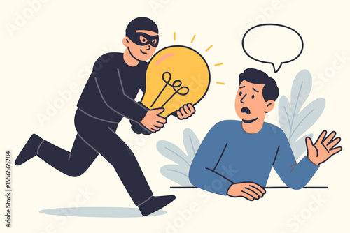 Stealing ideas and plagiarism concept with a thief running away with a light bulb. Intellectual property crime, copyright infringement, and creative piracy metaphor vector illustration.