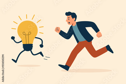 Businessman chasing a running light bulb. Metaphor for searching for a new idea, inspiration, or creative solution. Business concept of innovation, pursuit, and problem-solving.