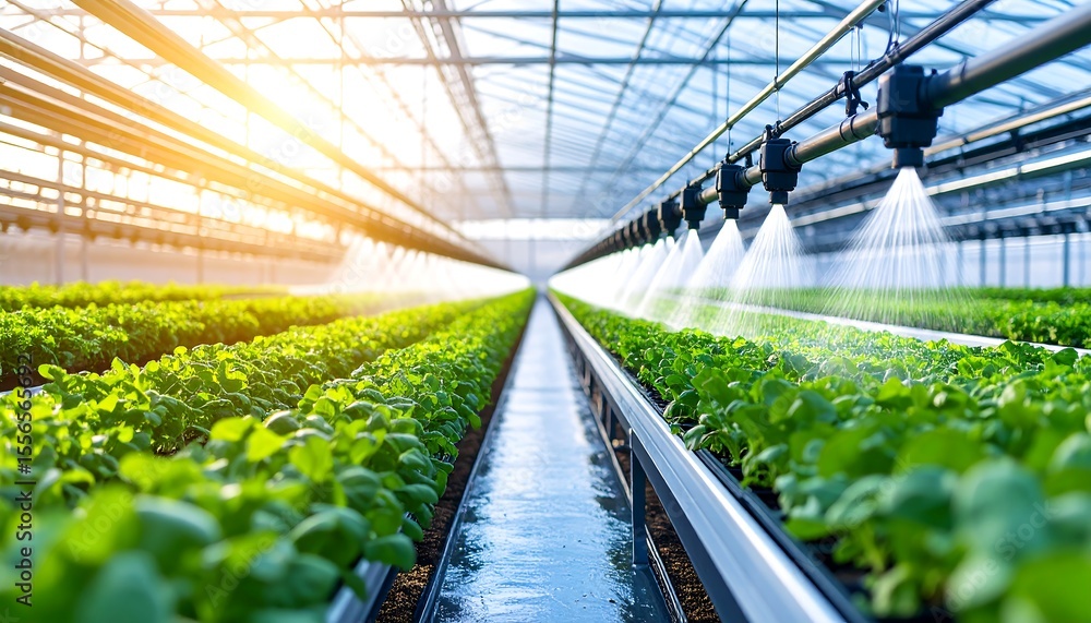 Fototapeta premium Greenhouse rows of leafy plants being watered