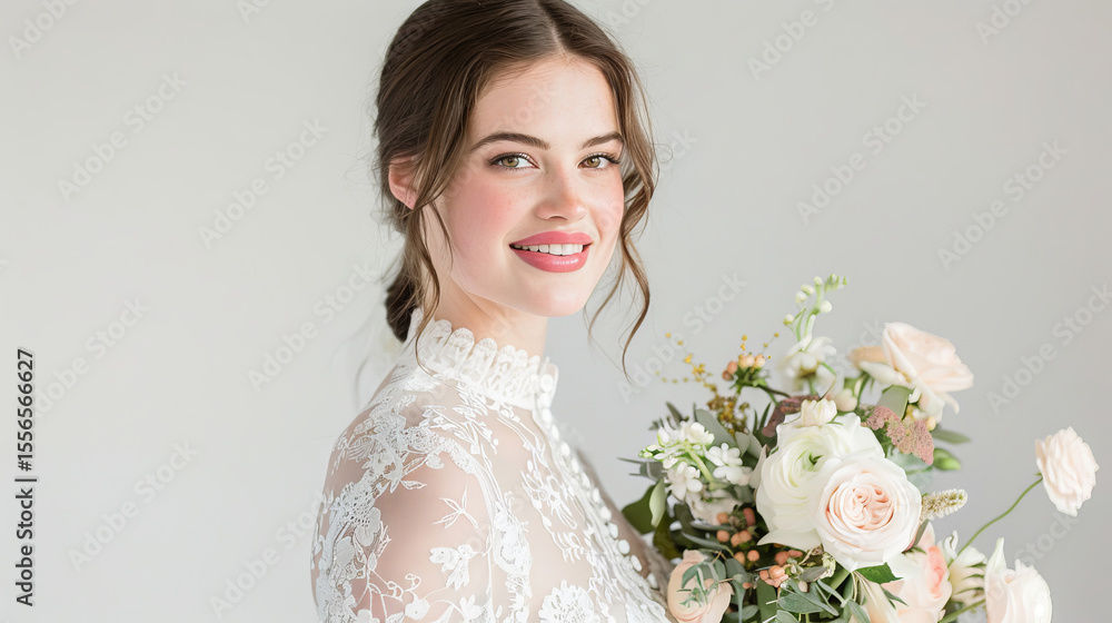 Naklejka premium Young bride with auburn hair in vintage lace gown holding floral bouquet. concept of wedding elegance, bridal fashion, romantic ceremony, copy space