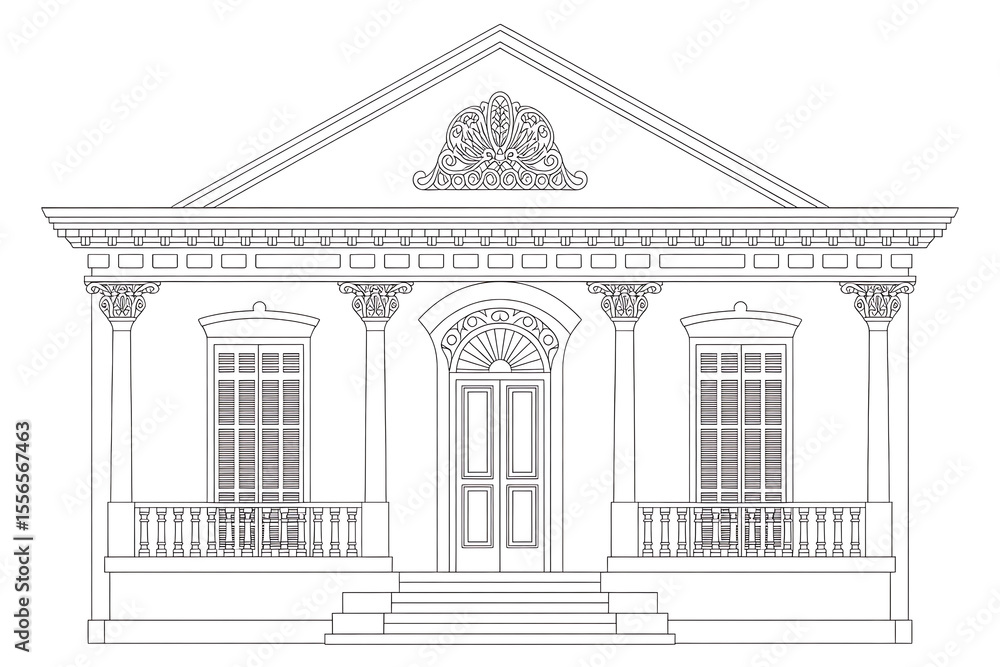 Obraz premium Elegant colonial-style house with portico and decorative details. 