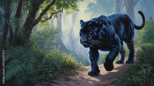 Black panther walks a jungle path. Powerful, solitary predator.
