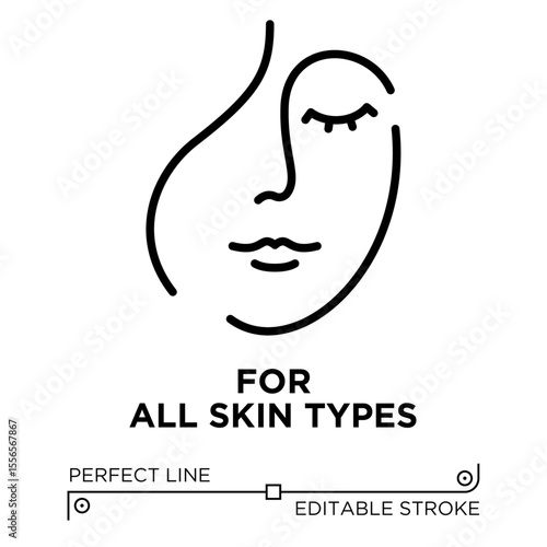 The line icon vector illustrates a cosmetic product formulated to be suitable for all skin types. The line icon is isolated on a transparent background and can be edited as needed