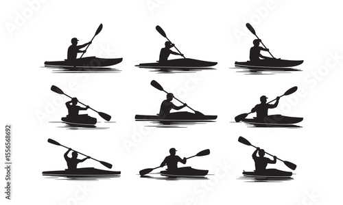 Kayaker Paddling Silhouettes Active Water Sports Icons for Outdoor Activities and Recreation

