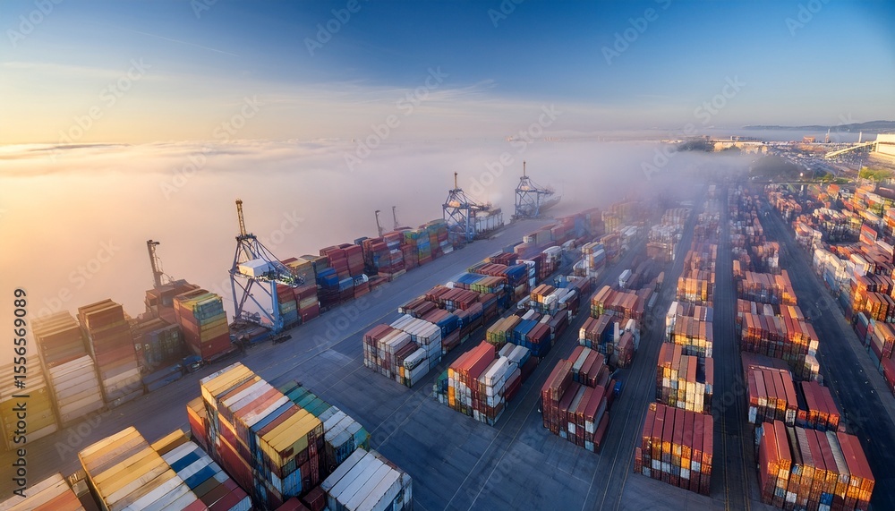 Obraz premium shipping containers arranged in geometric patterns viewed from high angle in industrial logistics hub surrounded by soft morning fog for atmospheric global trade concept