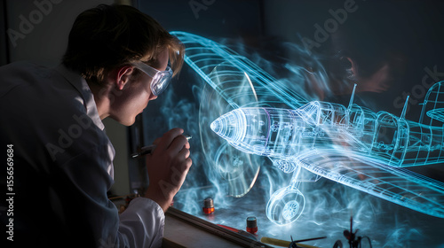 Aerospace engineer examining holographic aircraft projection   -