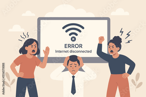 Internet connection error concept. No wifi signal, disconnected network problem. Angry people, frustrated customers shouting at stressed office worker. Technical failure illustration.