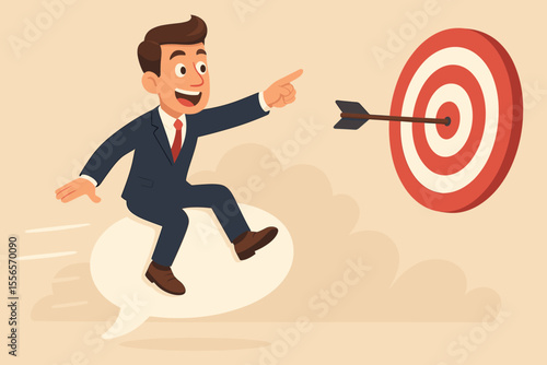 Businessman leader using communication to achieve success, riding a speech bubble towards a target. Business strategy concept for reaching goals, mission accomplishment, and vision.