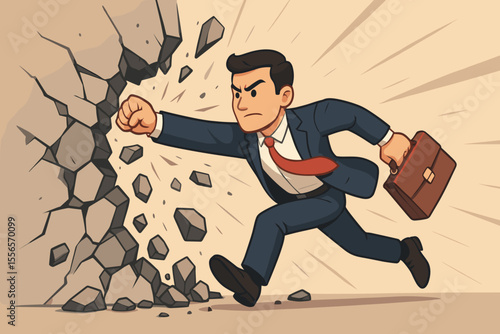 Businessman breaking through a wall. Concept of overcoming obstacles, pushing limits, and achieving success. Determined man punching barrier. Business breakthrough and challenge metaphor.