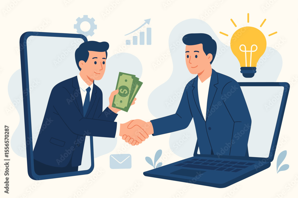 Online Business Deal, Startup Investment Agreement, Digital Handshake, Investor Funding, Money Exchange, Partnership via Smartphone and Laptop, Flat Vector Illustration, Innovation and Collaboration Online Business Deal, Startup Investment Agreement, Digital Handshake, Investor Funding, Money Exchange, Partnership via Smartphone and Laptop, Flat Vector Illustration, Innovation and Collaboration