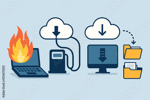 Disaster recovery concept illustration. Data backup from a crashed, burning laptop. Transferring files to cloud storage. Information migration, download and restoration. Vector.