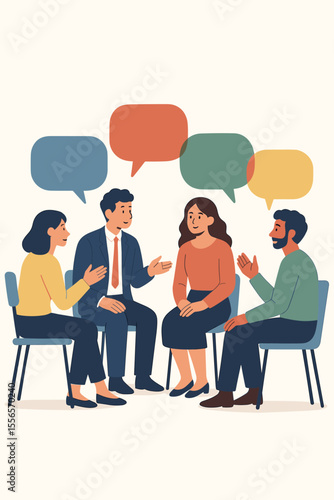Group discussion brainstorming ideas, team meeting conversation, colleagues sharing opinions, business collaboration, teamwork communication, speech bubbles, workplace concept illustration