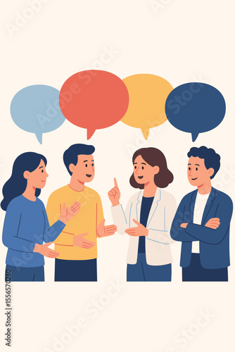 Group of diverse people discussing ideas, brainstorming, teamwork, collaboration, meeting, sharing opinions, conversation with colorful speech bubbles, business communication, office discussion