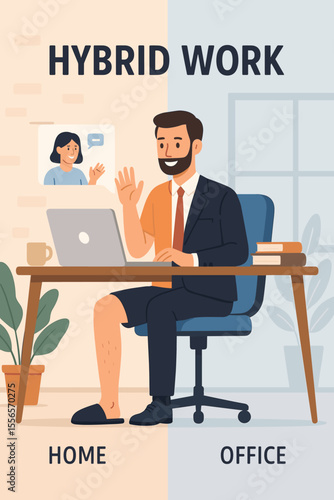 Hybrid work model with a man on a video call. Employee choice between remote work from home and corporate office. Businessman wearing half suit and half casual shorts and slippers.
