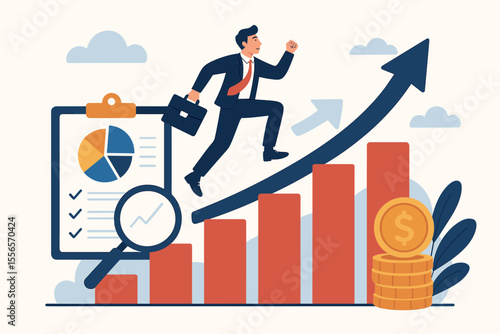Businessman running up a bar chart arrow, a metaphor for career ladder and business growth. Financial success concept with data analysis, investment, and profit infographic.