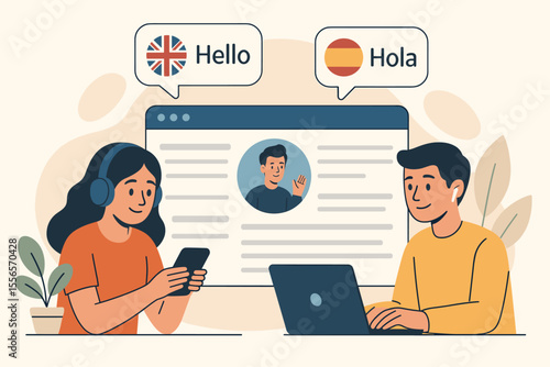 Online foreign language learning vector illustration. Students studying English and Spanish with a tutor via video call on a website. E-learning course and distance education concept.