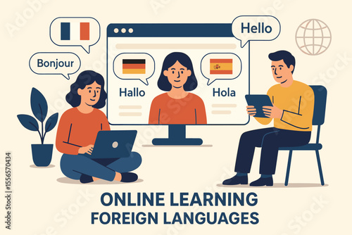 Online foreign language course vector. People learn languages on computer, laptop, tablet. E-learning, distance education, global communication, online school, webinar, tutor.