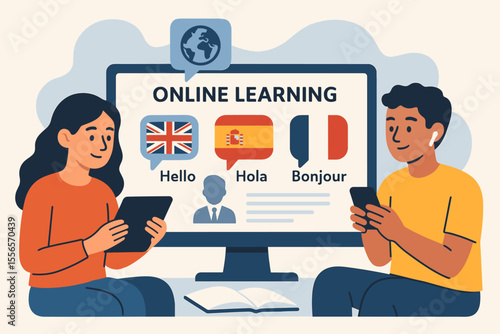 Online language learning vector. People study foreign languages on computer, phone. E-learning, distant education, global communication. Language school course or app. Hello, Hola, Bonjour concept.